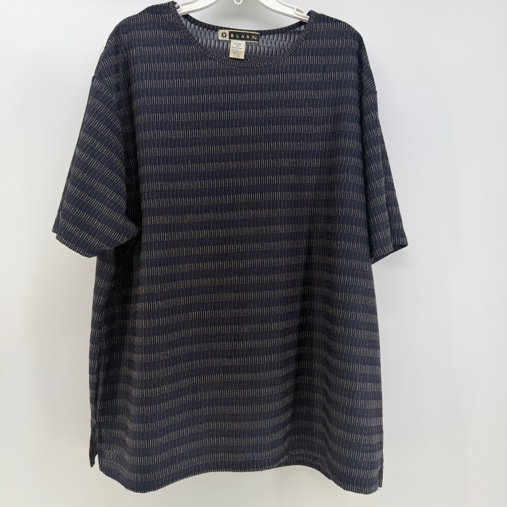 VTG Blast Knit Top Women 2X Navy Blue Metallic‎ Lurex Striped Oversized TShirt